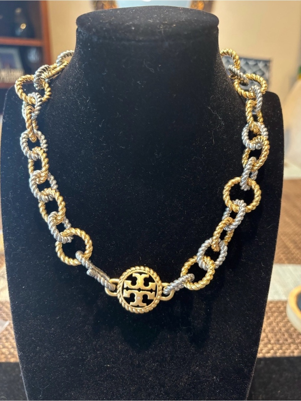 Tory Burch Two-Tone Rope Link Necklace with Logo Medallion